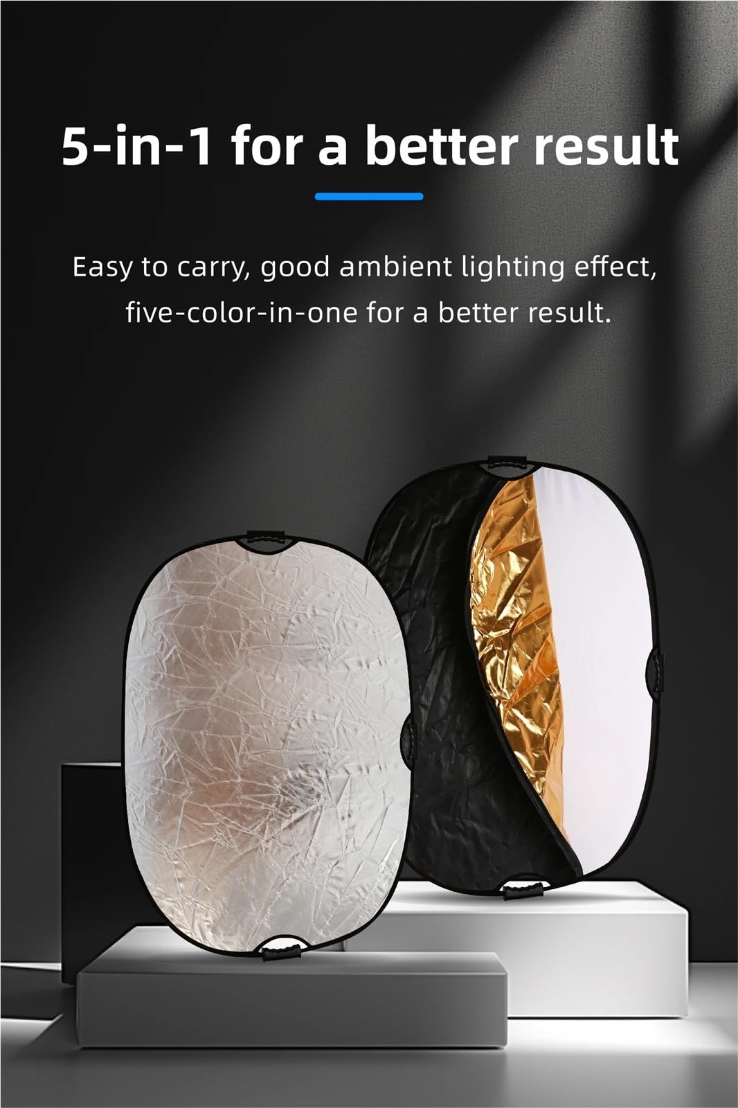 Reflector RF04 de 24 Pulgadas, 5 en 1, 60 x 90 cm, 120, Plateado, Blanco y Dorado, portátil, Plegable, luz, Redondo, for fotografía Estudio(90X120CM G-S)