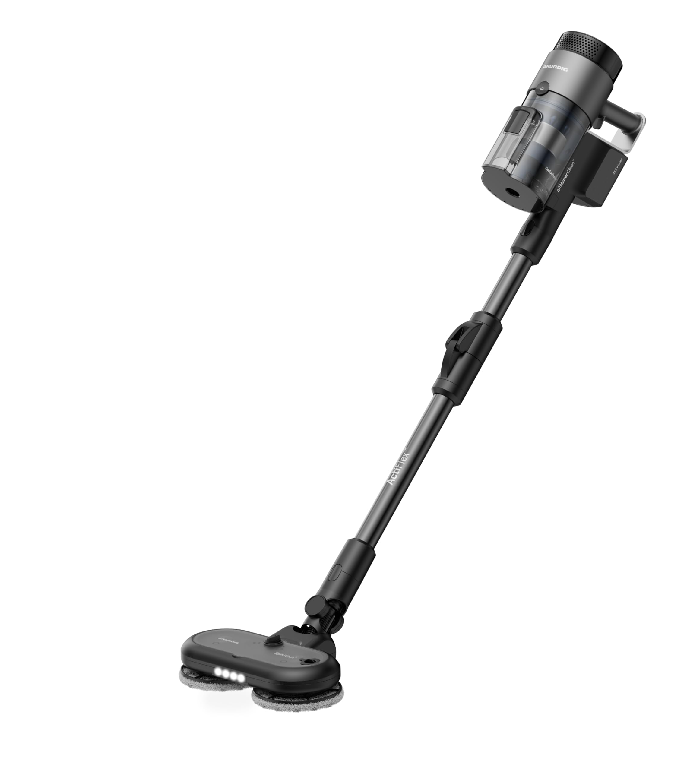 GRUNDIG VCP 9431 Pro 2-in-1-Akkusauger, HyperClean, CyclonStorm-Technologie, knickbares Rohr, 3 Saugkraftstufen, 450 W Motor, 500 ml Staubbehälter, bis zu 60 Minuten Laufzeit, Silber-Schwarz