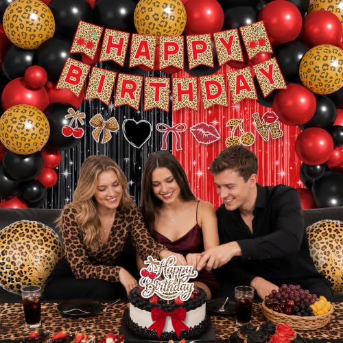Image of Ouddy Life Cheetah Print Red and Black Balloons Birthday Decorations | Cherry Leopard Print Foil Balloons Happy Birthday Banner Fringe Curtain Bow Leopard Cake topper for Women Girls Party Decor