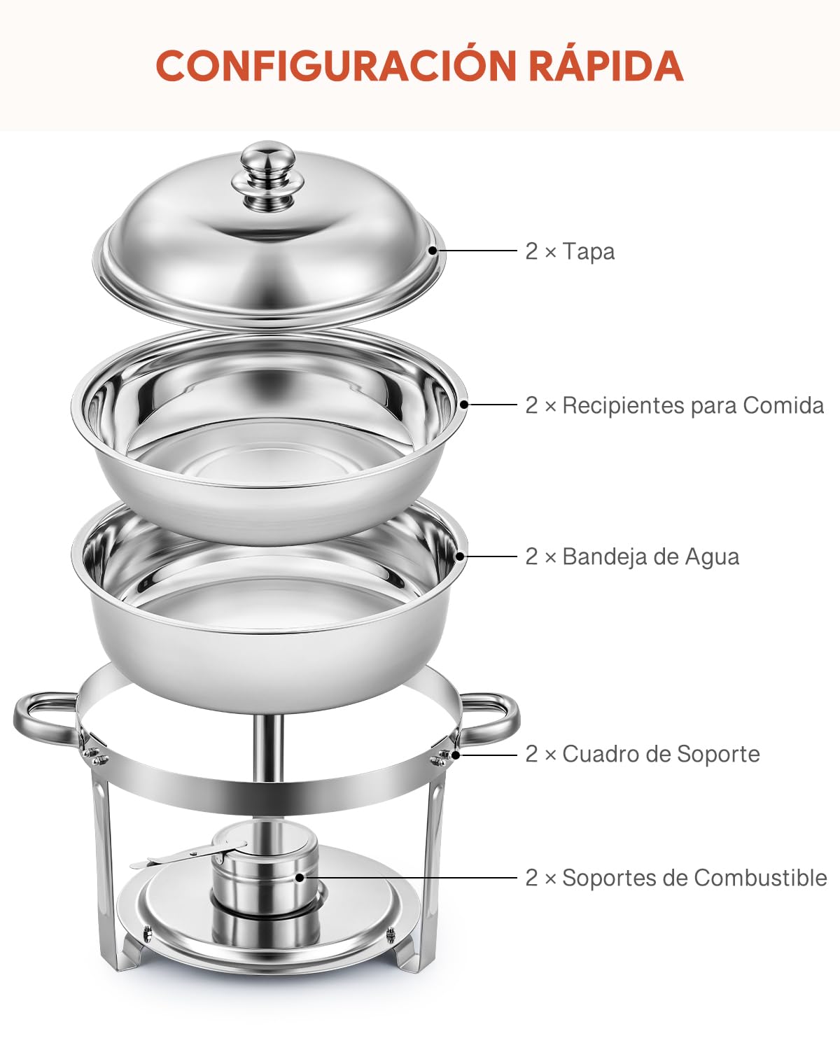 Wilprep 2 PCS Calentadores de Comida para Buffet de Acero Inoxidable Redondo 5L Calentador de Buffet con Bandeja de Calefacción, Tapas Chafing Dish para Restaurantes, Catering, Fiestas, Bodas, Picnics