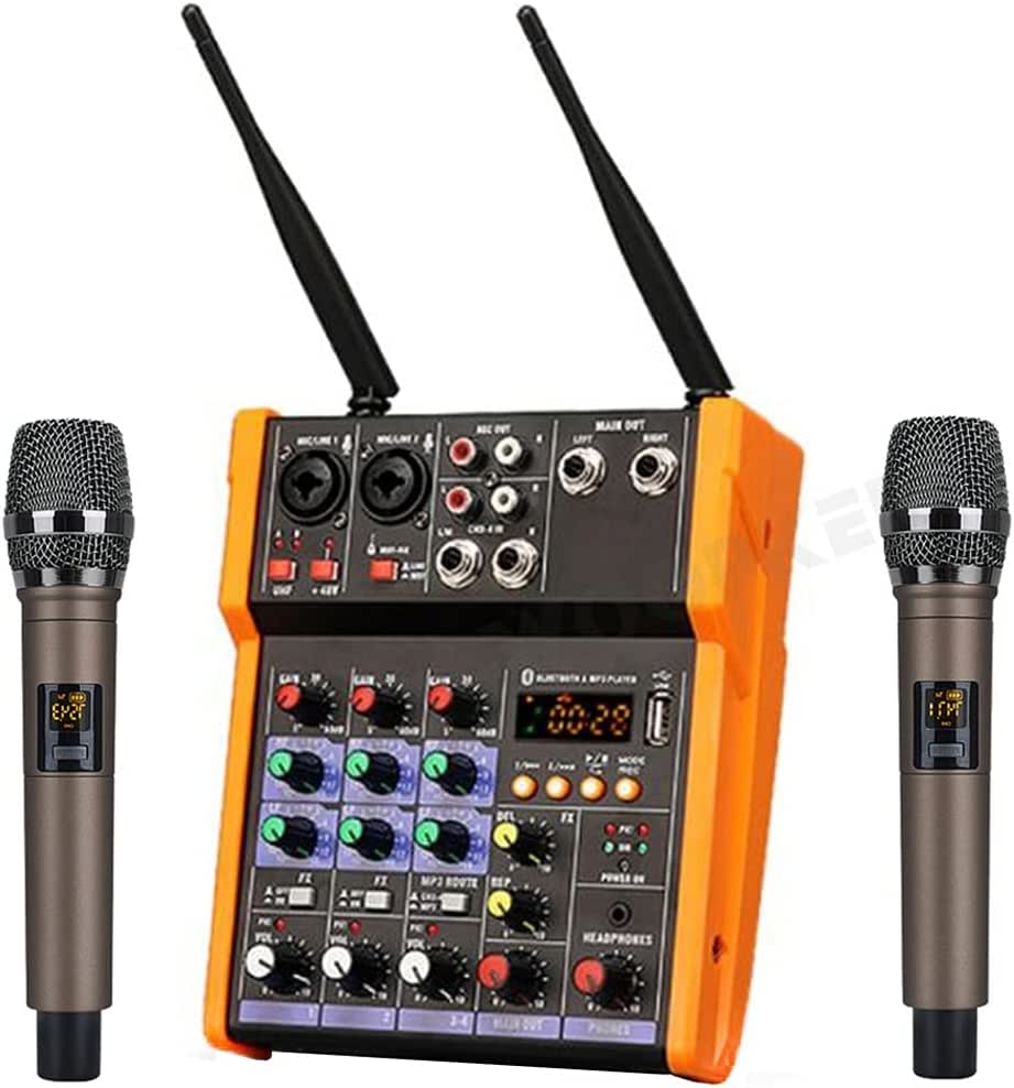 WYCJK Audio Dj Mixer 4 Channels Console with Wireless Microphone Sound Mixing Bluetooth Recording Studio (Color : Black)