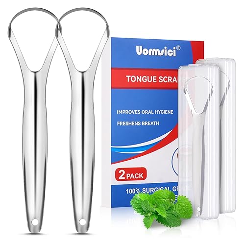 Paquete de 2 raspadores de lengua, raspador de lengua de metal para adultos, raspador de lengua 100% acero inoxidable 304 con funda, limpiador de