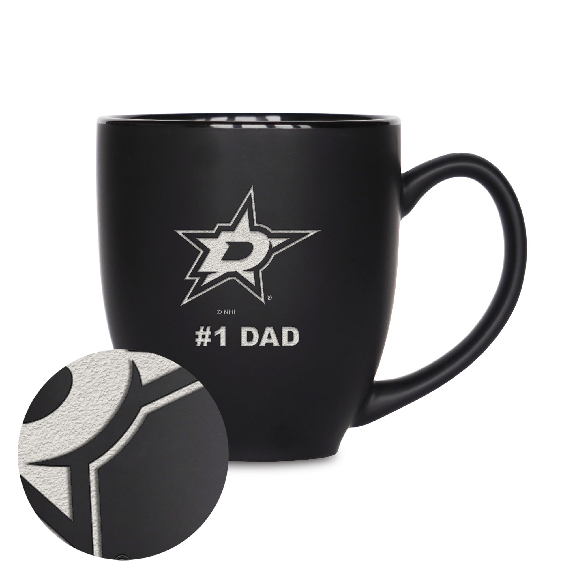 Rico Industries NHL Hockey Dallas Stars #1 Dad 15oz Laser Engraved Matte Black Ceramic Bistro Mug - for Hot or Cold Drinks