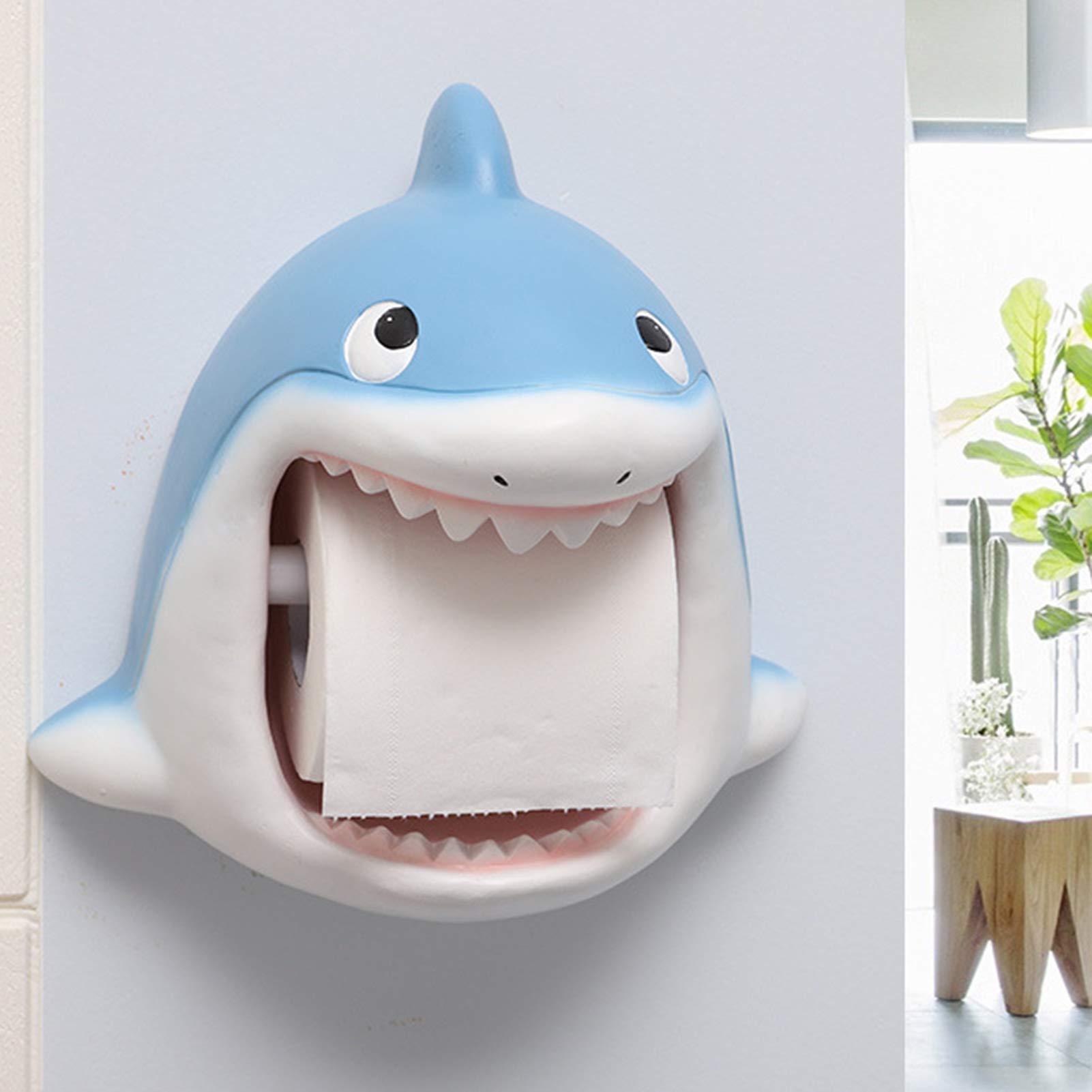 LIU- Titular del Papel Higiénico Dispensador De Papel De Rollo De Pared De Tiburón Azul De Dibujos Animados para Baño, Lavabo De Cocina, Material De Resina, Sin Perforación