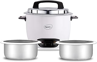 Pigeon by Stovekraft Joy Rice Cooker with Double pot, 1 litres. (White) | Toughened Glass Lid | 400 Watts | 2 Aluminium Cooking Pots | Measuring Cup| Spatula | Energy Efficient Cooking