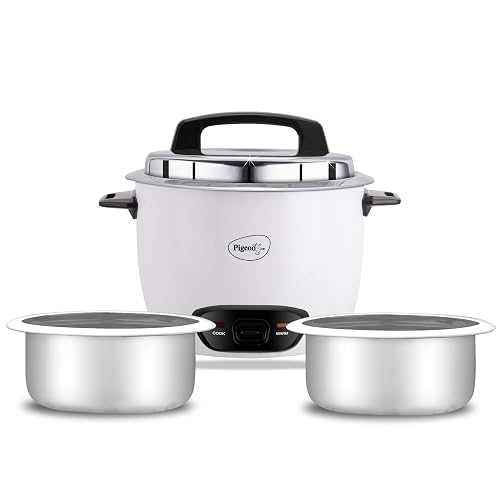 Pigeon by Stovekraft Joy Rice Cooker with Double pot, 1 litres. (White) | Toughened Glass Lid | 400 Watts | 2 Aluminium Cooking Pots | Measuring Cup| Spatula | Energy Efficient Cooking