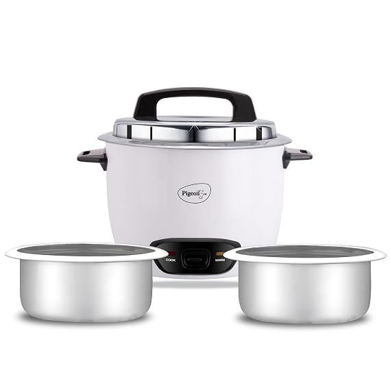 Pigeon by Stovekraft Joy Rice Cooker with Double pot, 1 litres. (White) | Toughened Glass Lid | 400 Watts | 2 Aluminium Cooking Pots | Measuring Cup| Spatula | Energy Efficient Cooking