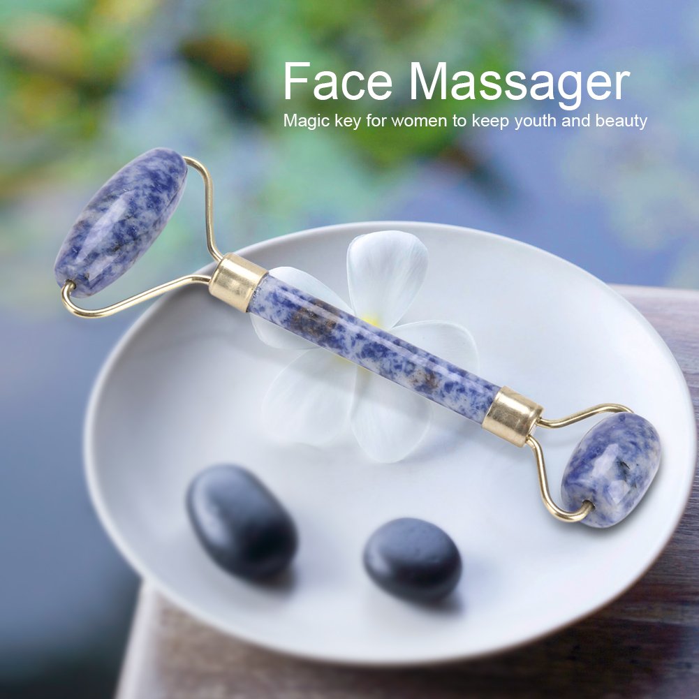 Rouleau de beauté à double tête - Outil de massage du cou yeux de jade pour le visage(Bleu)