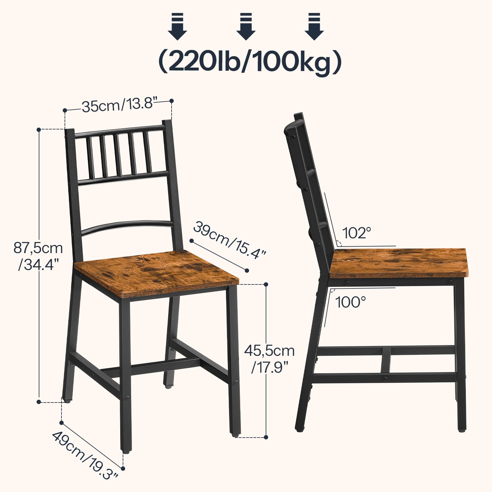 Juego de 2 sillas de cocina de madera con marco de metal, sillas de comedor con respaldo, fáciles de montar, sillas de comedor de granja para cocina, sala de estar, marrón rústico y negro 3
