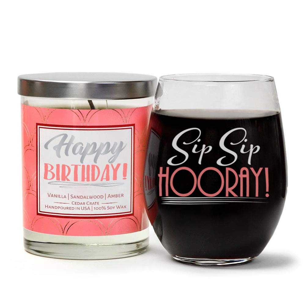 "Sip Sip Hooray!" Birthday Gift Set | Cute Stemless 15 oz. Wine Glass |"Happy Birthday" Luxury Scented 10 oz. Soy Candle | Vanilla, Sandalwood, Amber | Happy Birthday Gifts for Women | Gift Box
