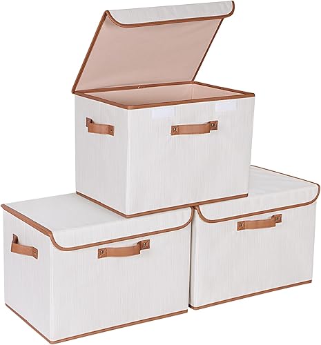 Univivi Contenedores de almacenamiento de tela resistentes con tapa, grandes contenedores apilables de 17 pulgadas y 10 galones con asas de cuero,