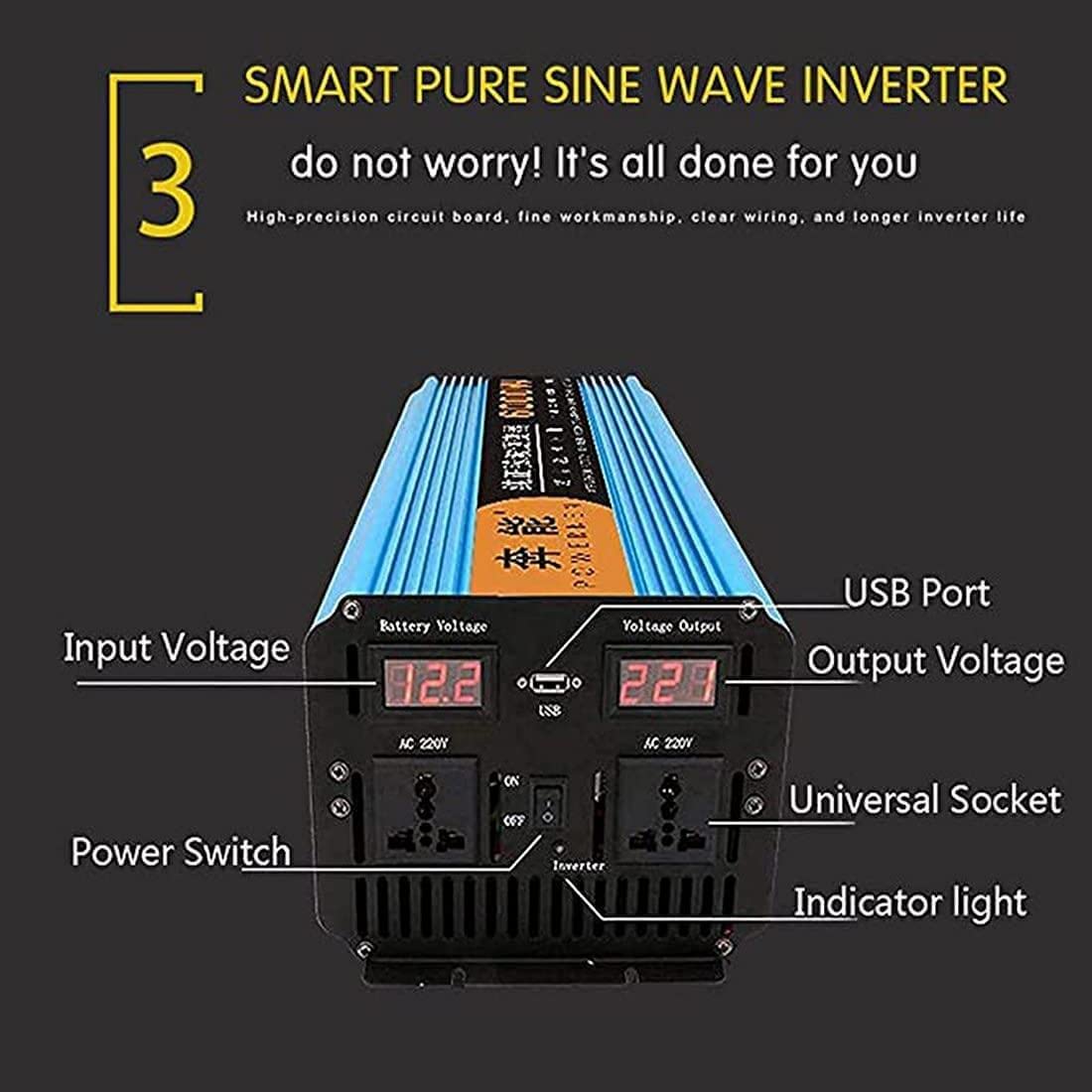 3000W 4500W 6000W 8000W 10000W 12000W Wysokiej mocy czysta fala sinusoidalna Inwerter energii słonecznej Konwerter DC 12V/24V na AC 220V z wyświetlaczem LCD i pilotem do kampera,6000W-24Vto220V