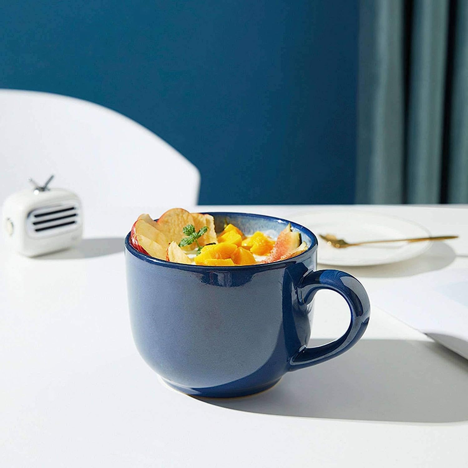 Regalos Taza de cerámica Cuencos de sopa de cerámica con mango Cuchara, Taza de café grande Leche Cereales Capuchino Taza de té Lavavajillas Microondas Apto Sopa Taza-azul-600ml/20.3oz (Color : White