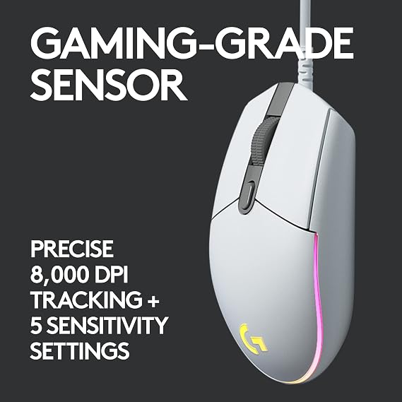 Logitech G G102 Light Sync Gaming Mouse, 8000 DPI, 6 Programmable Buttons, RGB, White