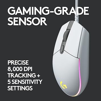 Logitech G G102 Light Sync Gaming Mouse, 8000 DPI, 6 Programmable Buttons, RGB, White