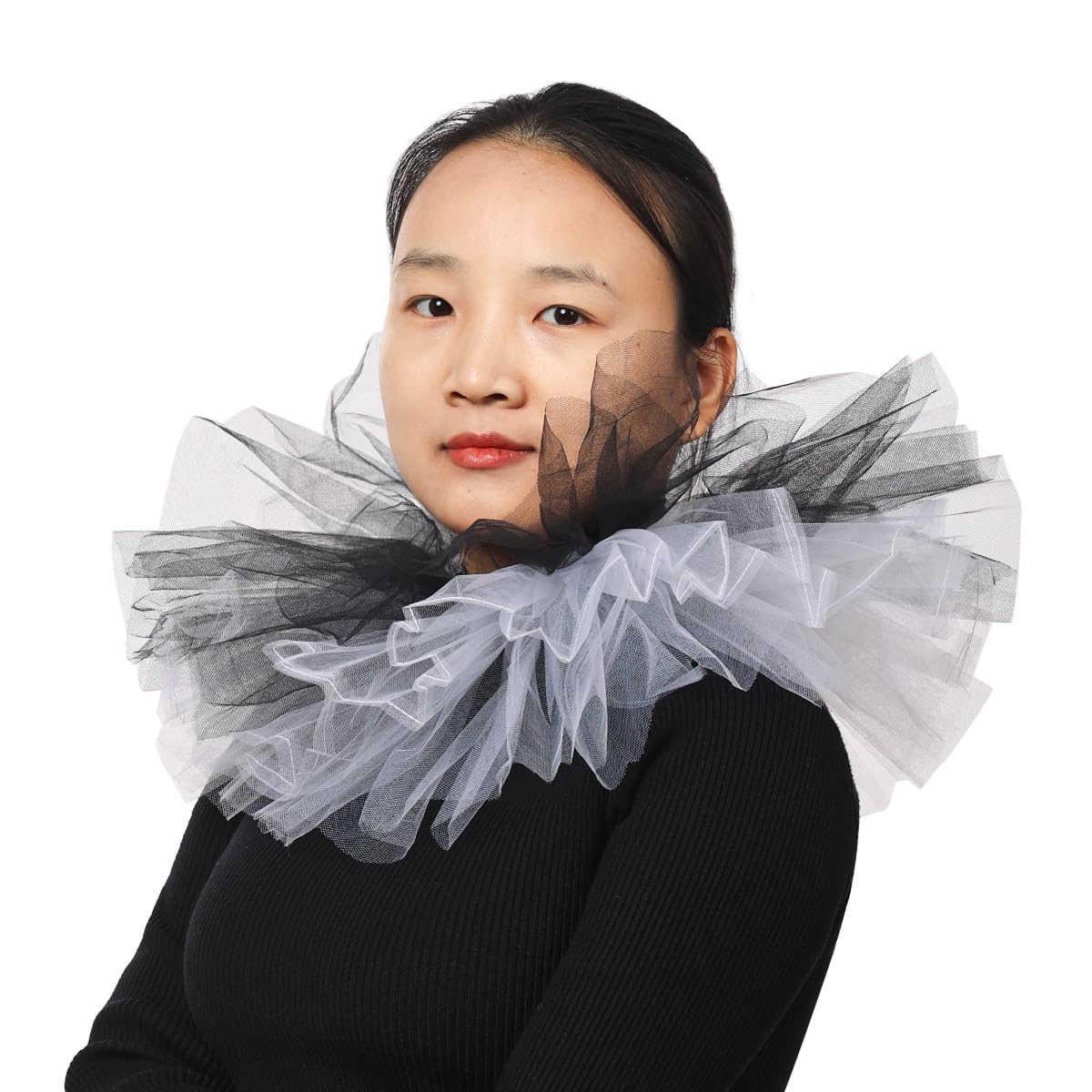 BLESSUME Victorian Ruffle Collar Renaissance Mesh Clown Collar Layered Neck Ruff For Fancy Dress (White/Black) — image 1