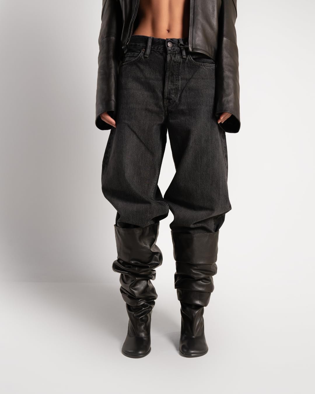 Women's Leather Knee High Boots Open Square Toe Pull On Slouchy Wide Calf Boots - Image 3