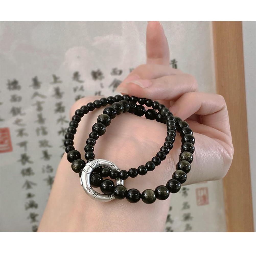 Bracciale in Ossidiana Nera Naturale con distanziatore in Argento Sterling Perline di Cristallo protettive con Accento ad Anello fluttuante, Gioielli Elasticizzati per Uomo e Donna