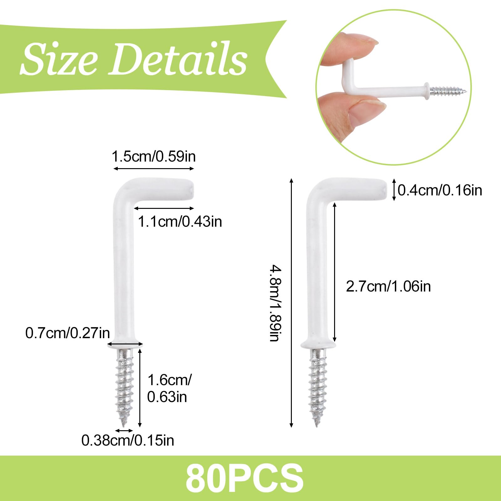 UFURMATE 80Pcs Screw in Hooks L Shaped Hooks with White Plastic-Coated Surface Shouldered Dresser Cup Hooks Right Angle Hooks Self Tapping Screw Hooks for Indoor and Outdoor Hanging - Image 2
