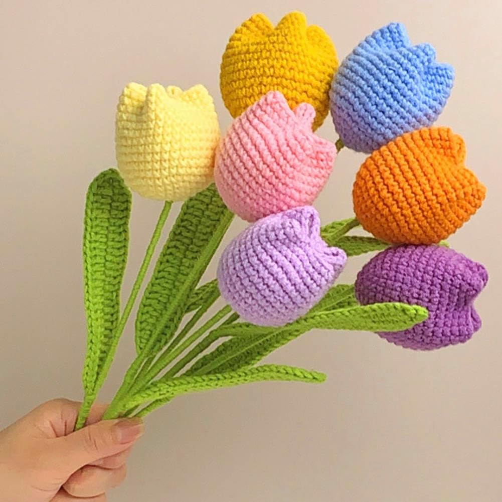JOONOR 7 Pieces Completed Crochet Flowers Bouquet Hand-Knitted Tulip Artificial Wool Flower for Mother's Day Birthday Wedding Home Decor