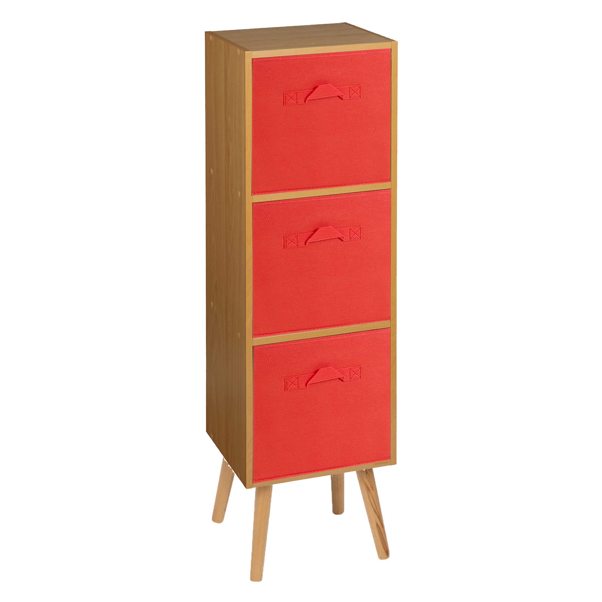 URBNLIVING Wooden Storage 3 Tier Bookcase Scandinavian Style BEECH Legs Unit With Drawers (Beech Bookcase, Red Insert)