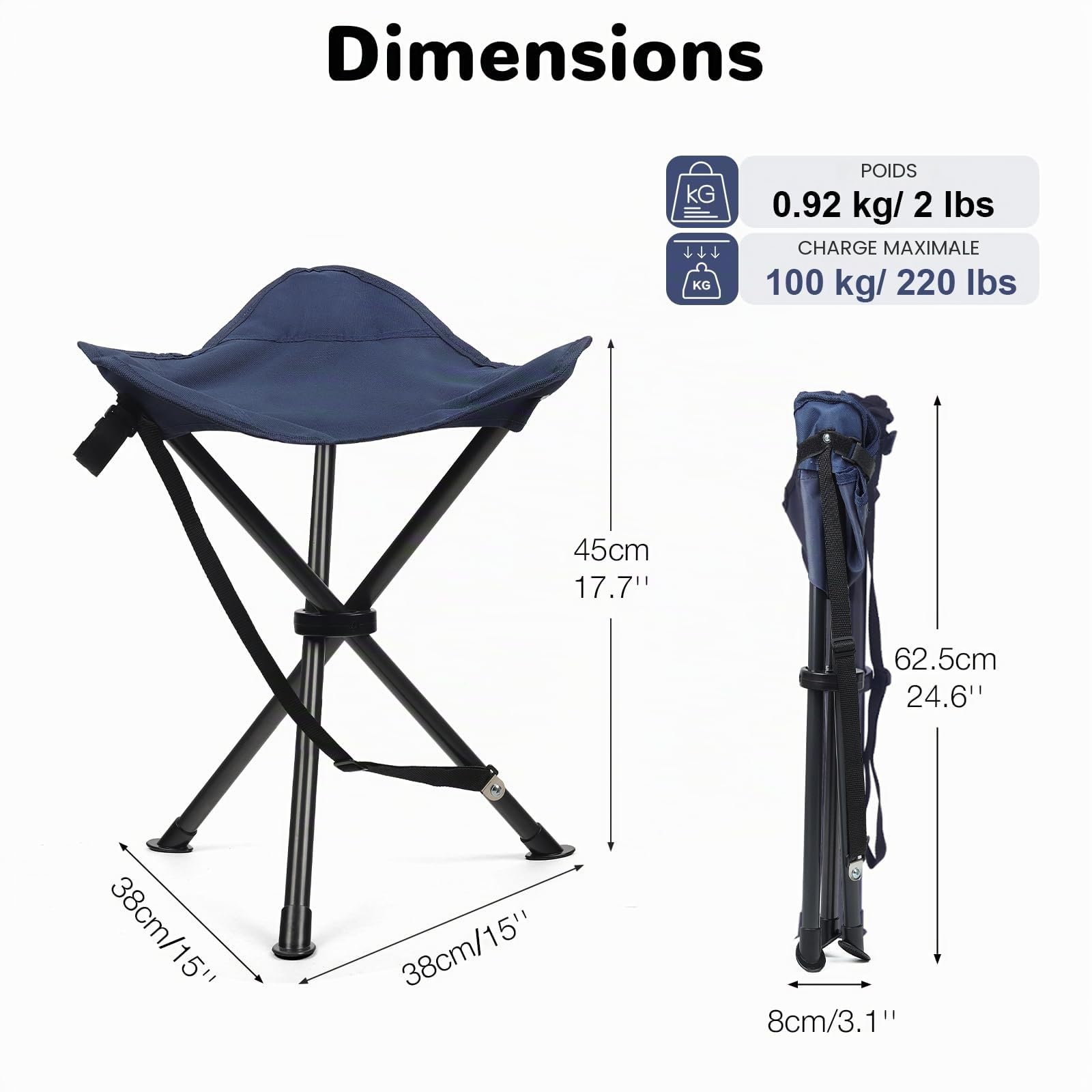Tabouret de Camping Pliante à Trois Pieds, Siège de Camping Portable Ultra Léger, Petit Chaise Pliante pour Pêche, Pique-Nique Plage Barbecue Voyage Randonnée Chass-Bleu