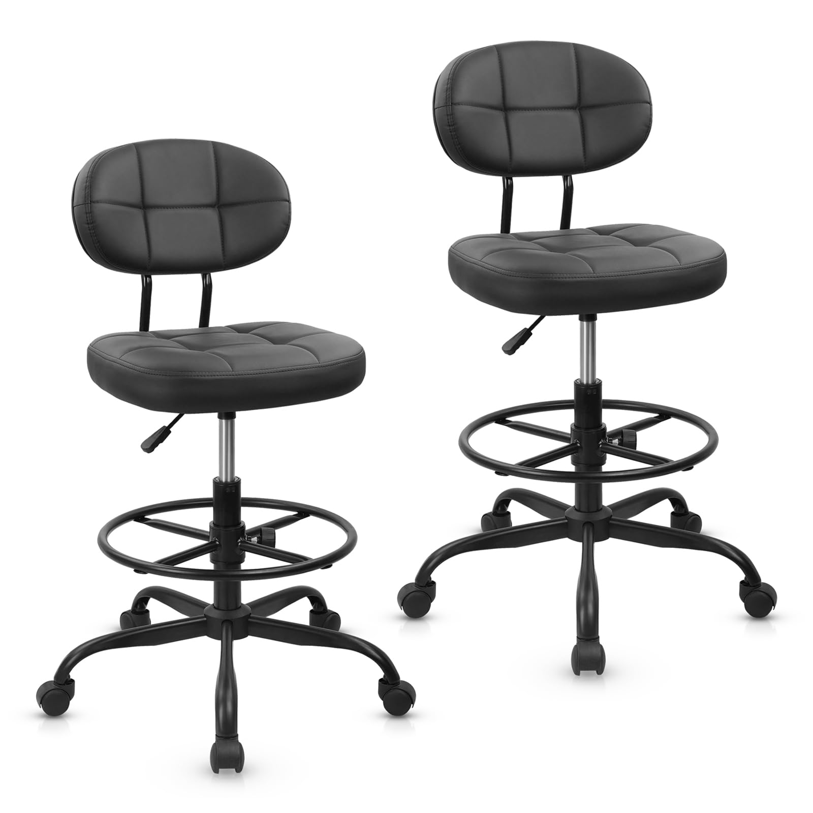 KLASIKA Drafting Stool with Backrest, Tall Adjustable Height Office Chair, PU Leather Swivel Rolling Stool with Footrest &amp; Wheels for Standing Desk, Bar, Salon, Spa, Lab, Counter, Home, Black，2PK
