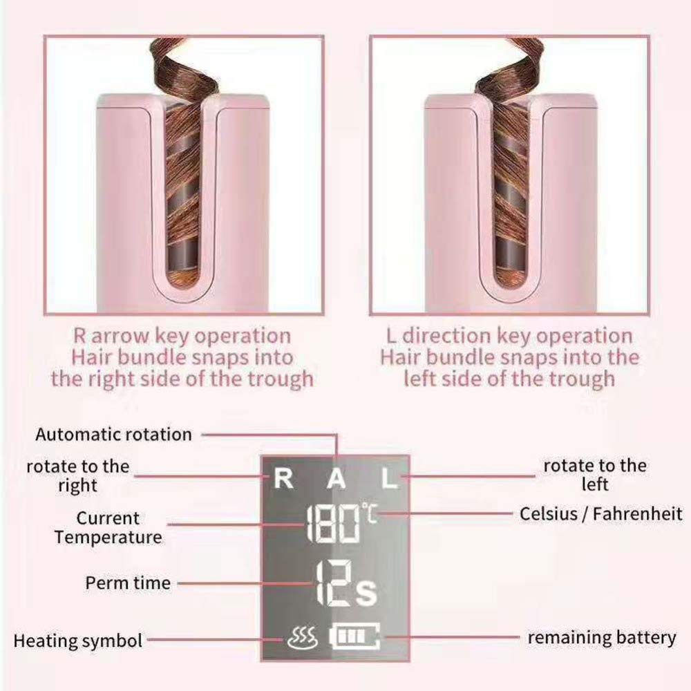 Arricciacapelli Ferro Arricciacapelli Automatico Senza Fili Bacchetta Di Curling Rotante Elettrica Display Display LCD Controllo Della Temperatura Di Ricarica USB E Impostazione Del Timer.,Black