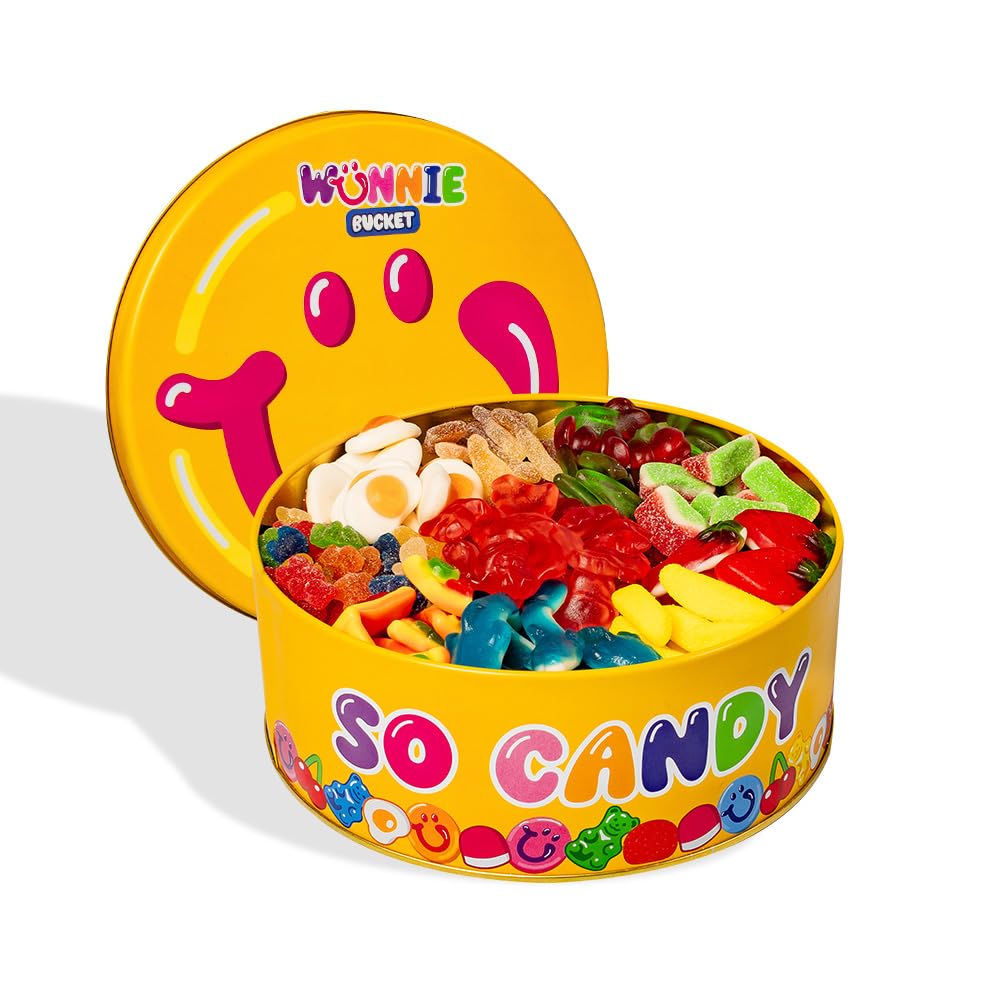Wunnie Bucket by American Uncle - Latta di caramelle gommose miste da 2 kg, caramelle compleanno bambini, ideali per feste, regalo originale compleanno