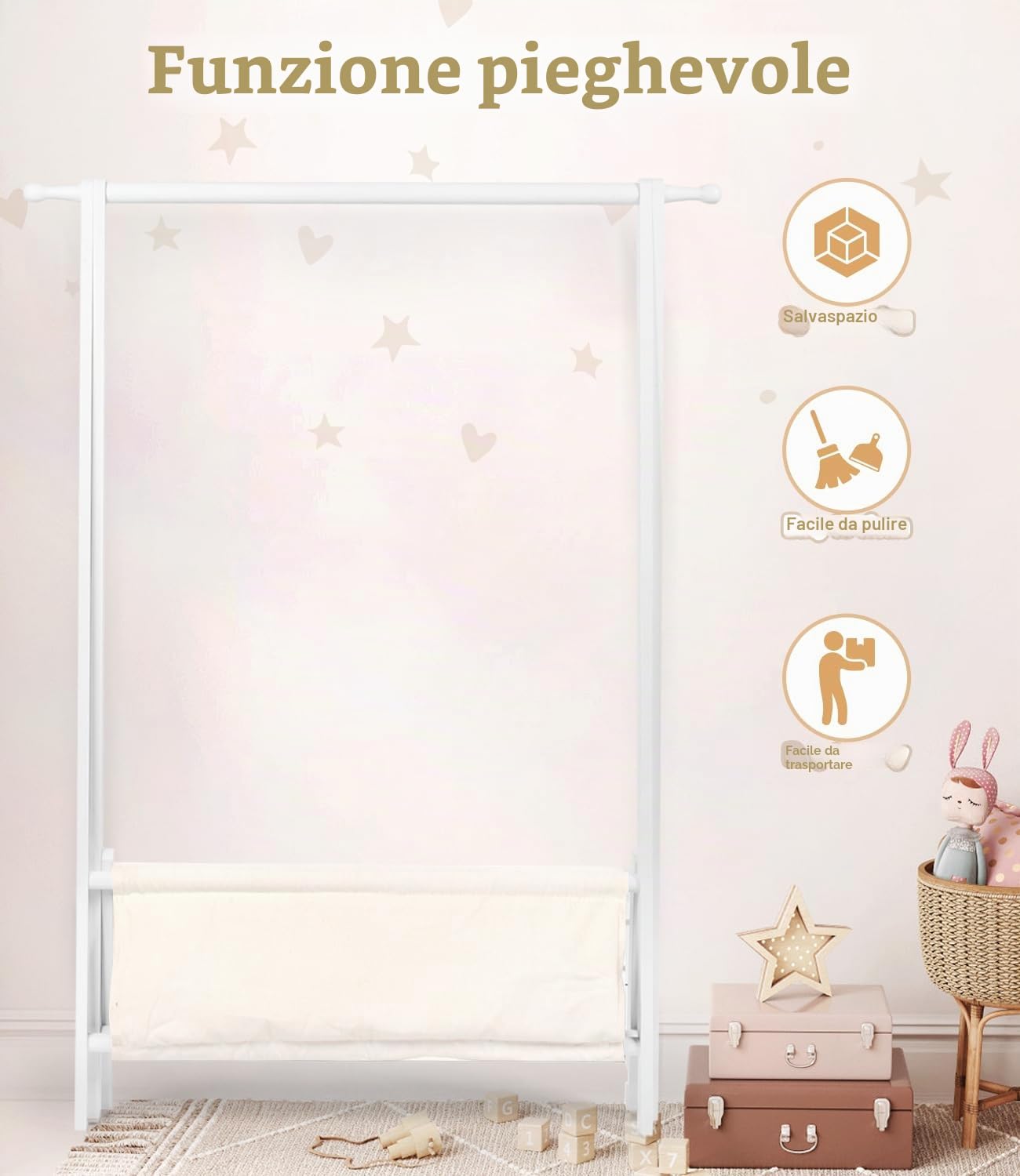 Appendiabiti per bambini con portaoggetti, appendiabiti per bambini, piccoli indumenti, per costumi, in bambù (bianco)