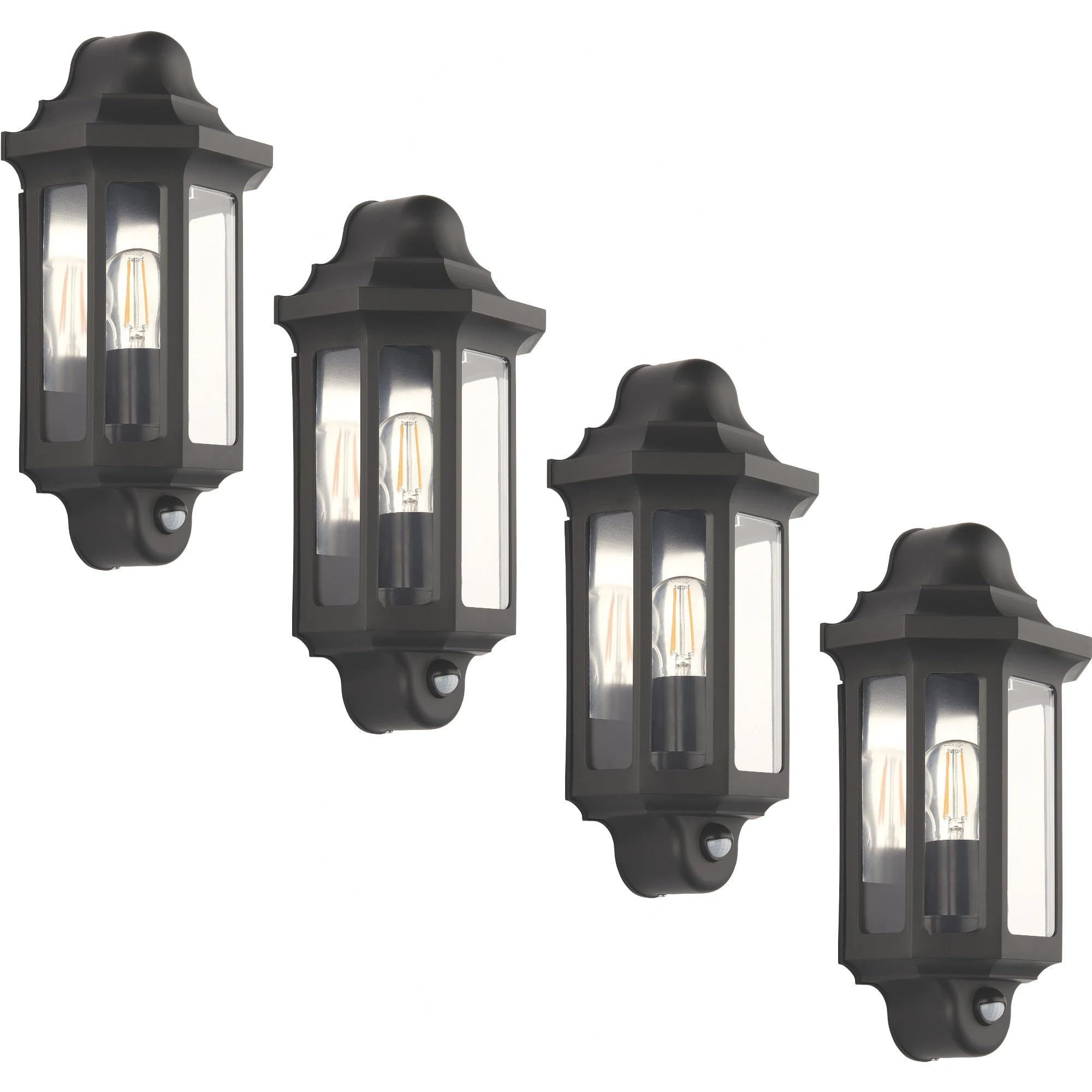 Bamboo Panda 4 x Half Lantern Wall Light Traditional Outdoor 15W LED E27 GLS IP44 Matt Garden Lamp (Black, with PIR) — image 1