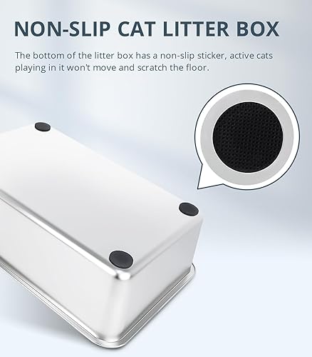 Miniatura 6 de WENBOKMIN Caja de arena para gatos de acero inoxidable, caja de arena para gatos de 8 pulgadas de profundidad, gran lados altos, bandeja de arena