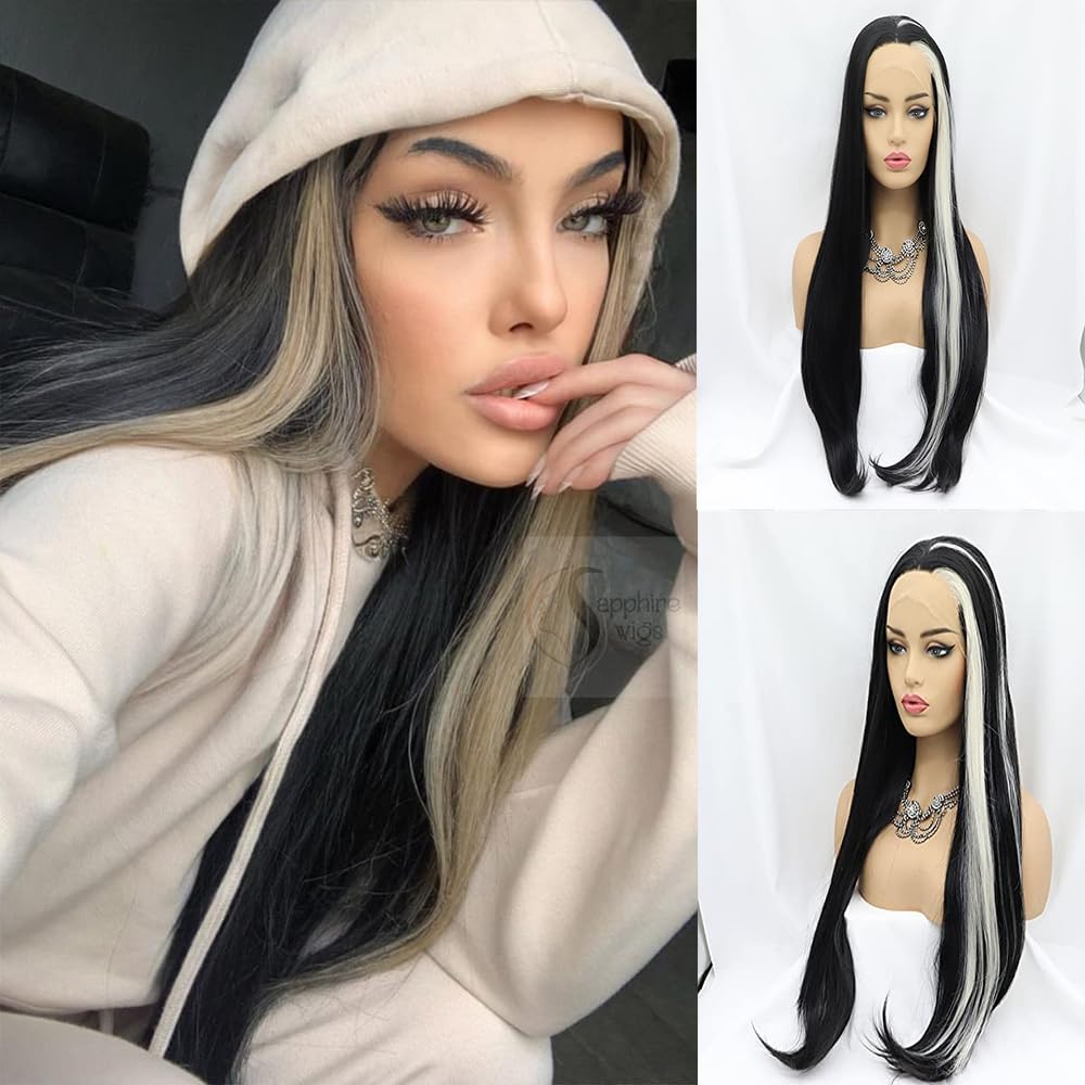 xiweiyaLong Natural Wavy Black Highlight White Lace Front Wig Layered White Water Wavy Synthetic Lace Wig Heat Resistant Fiber 180% Density Fiber for Women 24inch… (Black Mixed White)