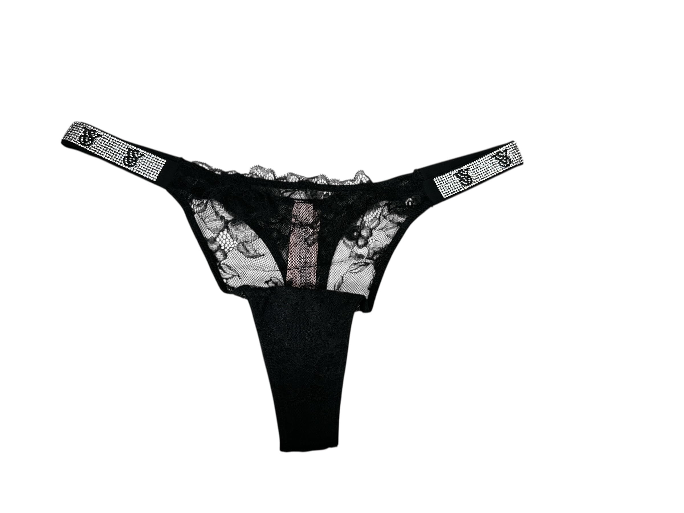Victorias Secret Very Sexy Lace Thong Panty Black Shine Strap Sheer Floral Lingerie New