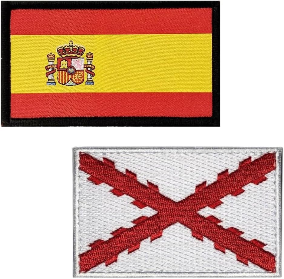 Pack de 2 Parches Militares Bordados Bandera España y Bandera Cruz de Borgoña. Parches Bordados para Ropa, Mochila Táctica, Gorra, Chaqueta.