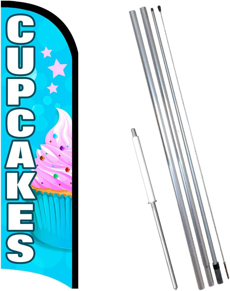 Cupcakes Premium Windless Feather Flag Bundle (11.5' Tall Flag,15' Tall Flagpole,Ground Mount Stake),ZW160GSS18BL3