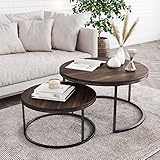 Nathan James Stella Round Modern Nesting Coffee Set of 2, Stacking Living Room Accent Tables with an Industrial Wood Finish and Powder Coated Metal Frame, Warm Nutmeg/Matte Black