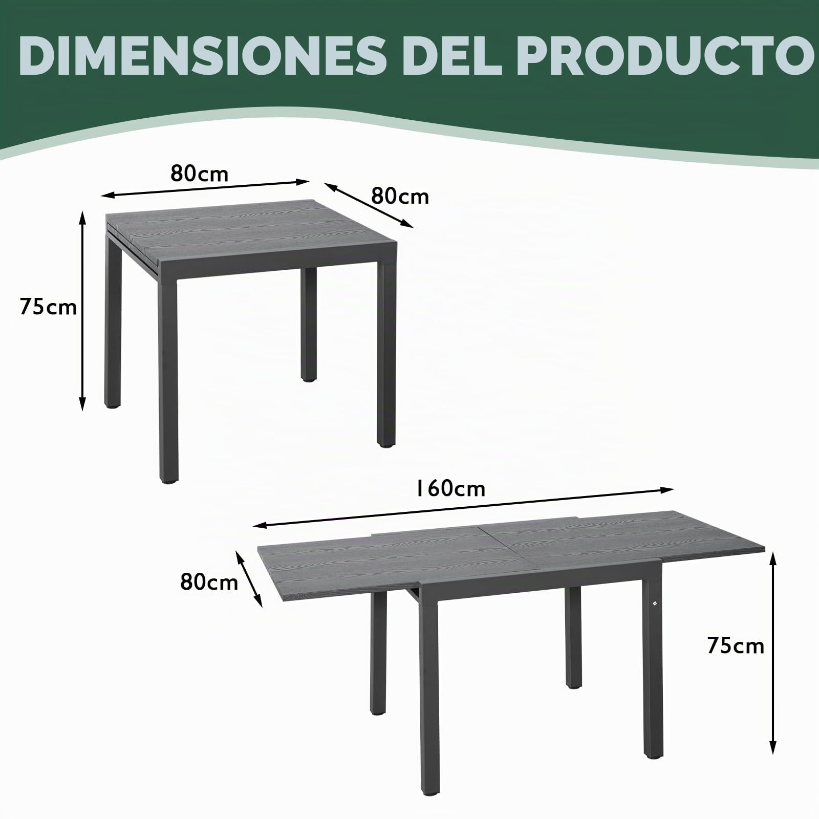 Angel Living Mesa de Jardín Extensible, Mesa Exterior Extensible Aluminio y Acero, Muebles de Jardín para Balcones Y Terrazas, Se Extiende hasta 160 cm, 80 X 80 X 75 cm, Gris Oscuro