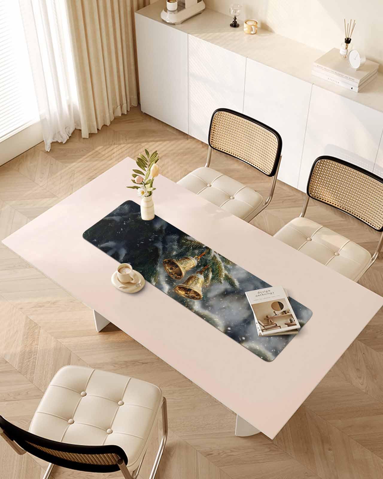 Debedcor Heat Proof Table Pads Waterproof Decorative, Christmas Bell Non-Slip Table Countertop Protector, Winter Xmas Pine Trees Snow Insulation Mat for Kitchen Room, 40 x 12 Inches