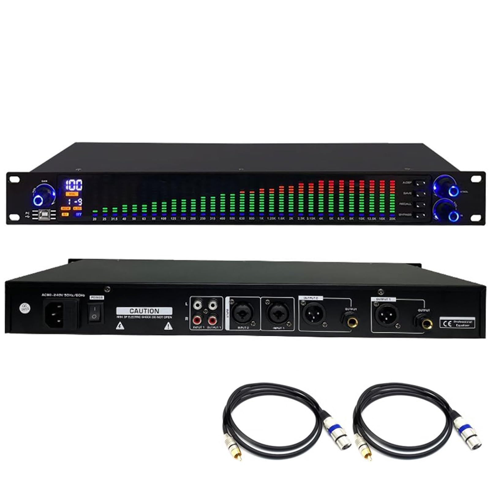 Ecualizador gráfico digital de 31 bandas: ecualizador de audio estéreo con pantalla de espectro LED, chip de procesamiento DSP, reducción de ruido y 10 efectos preestablecidos para estudio de