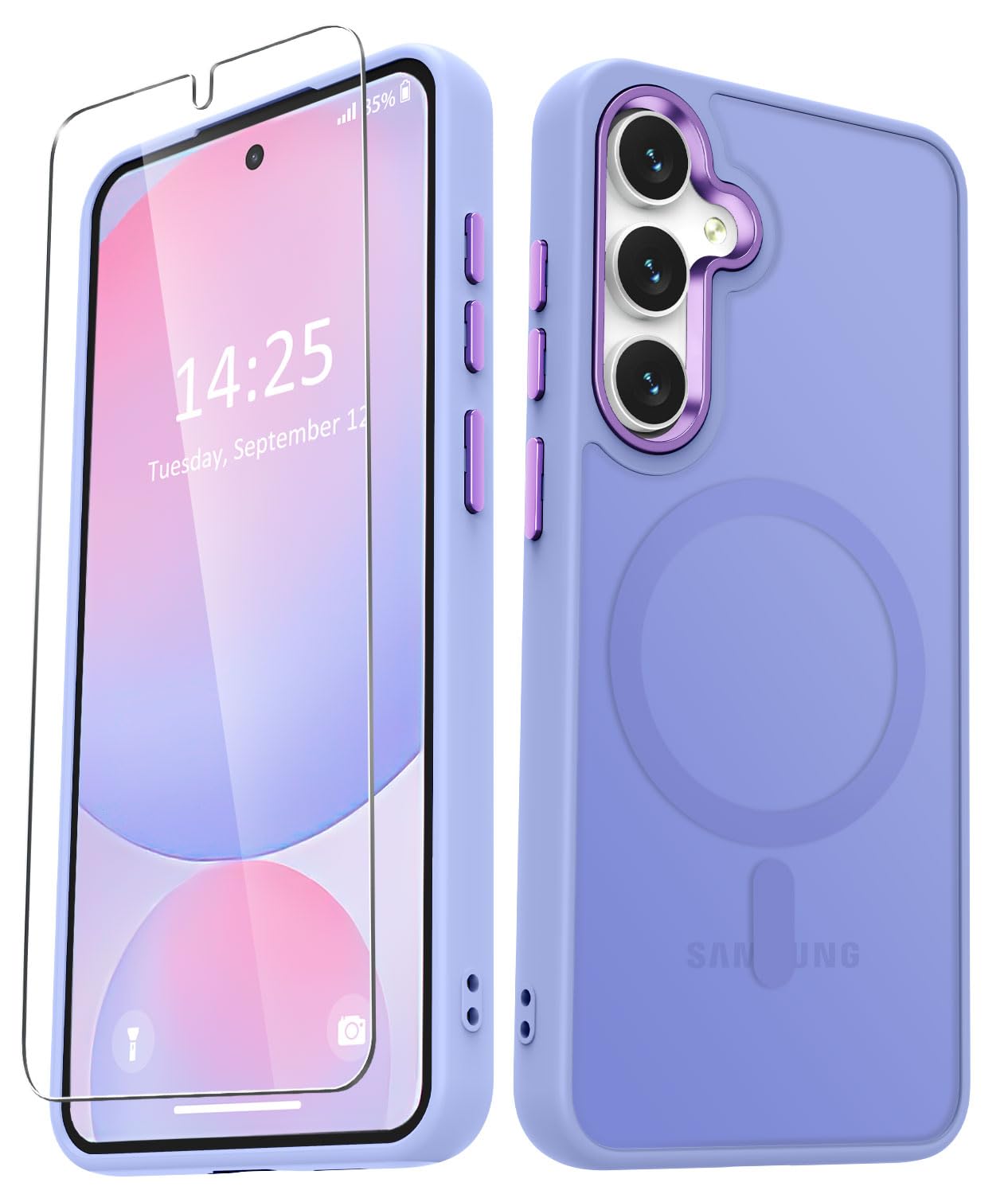 for Samsung Galaxy S24 FE Case, Matte Magnetic Case, Lavender Purple | Fit for Magsafe, Screen Protector Included, Translucent Frosted Slim Shockproof Protective Phone Cover