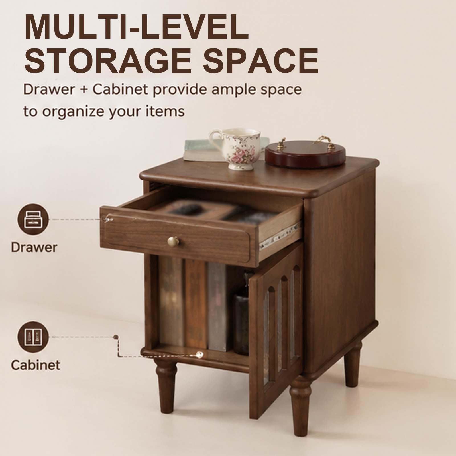Comodino Vintage, Tavolino da Letto in Legno con Cassetti e Armadietti | Comodini Laterali Alti 58cm per Camera da Letto, Soggiorno, Studio