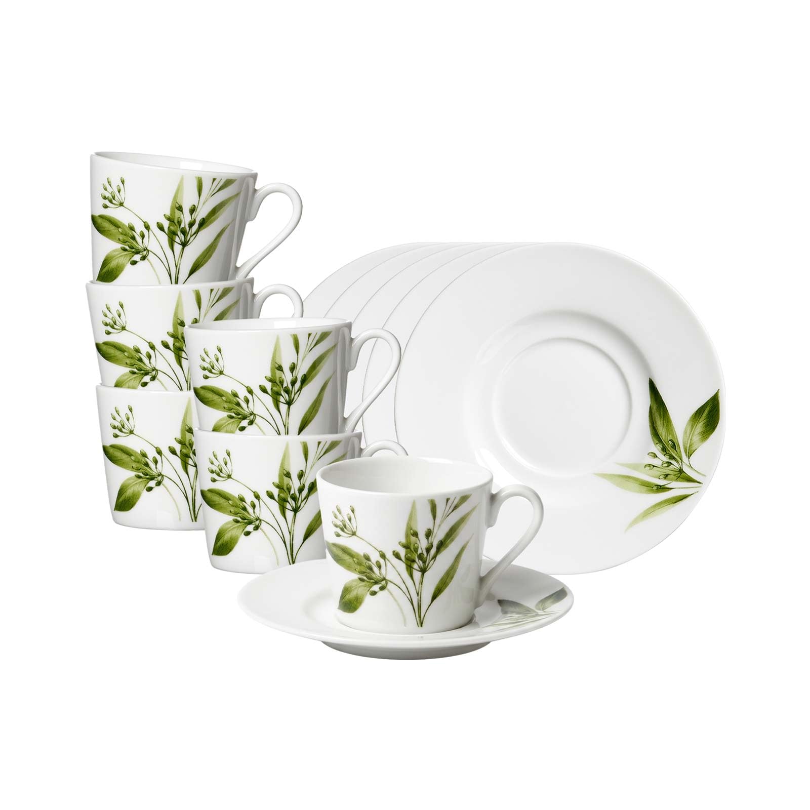 Ritzenhoff & Breker Evora Espressotassen mit Untertassen 6er Set, 100 ml, Zweig- und Blattmotive, Porzellan, Spülmaschinengeeignet, Weiß-Grün