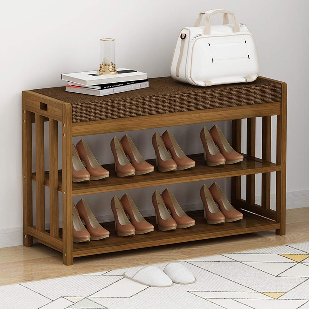 Banco zapatero de bambú natural de 2 niveles con cojín, organizador de zapatos perfecto y banco de almacenamiento para entrada, dormitorio y sala de estar, soporte de zapatos y asiento de