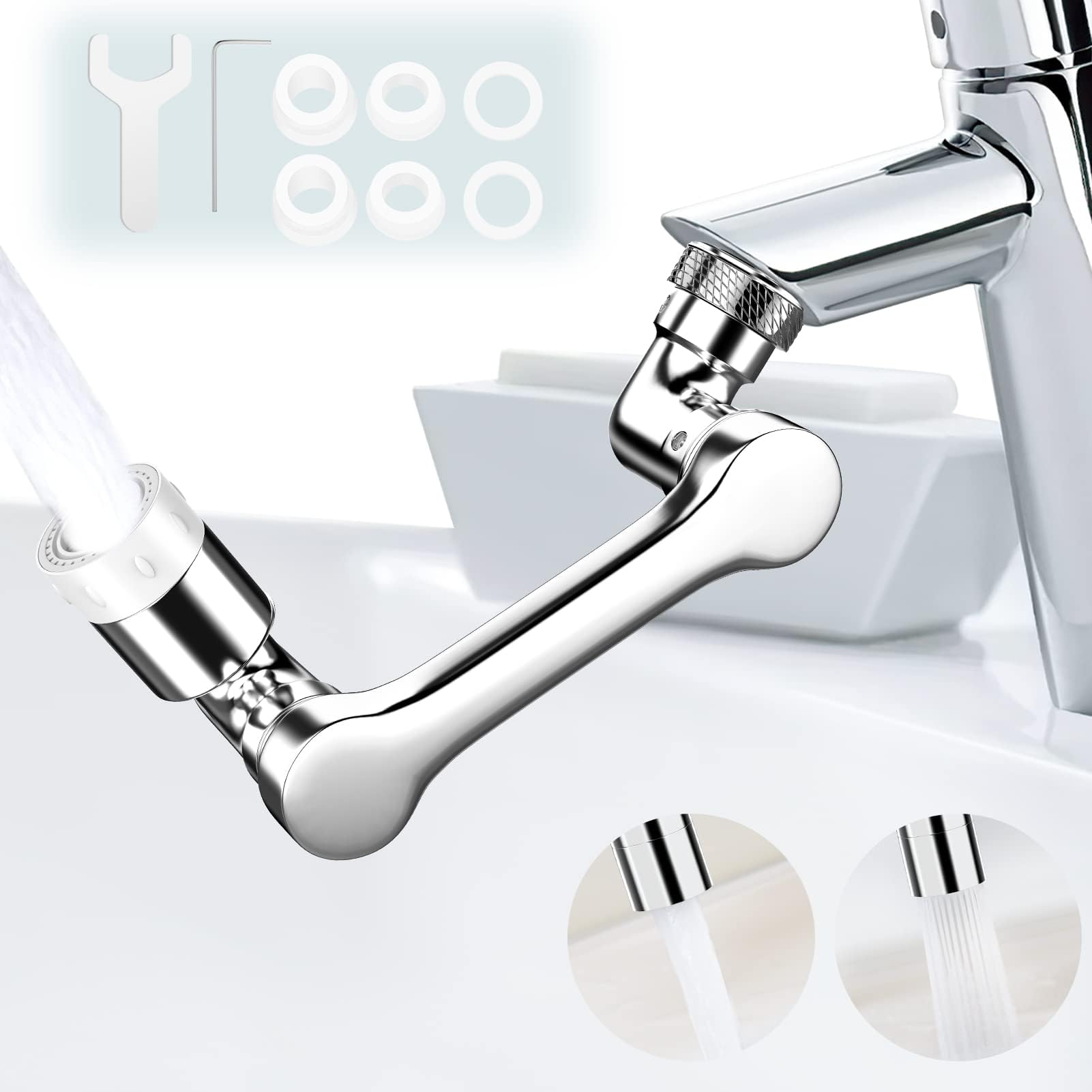 Prolunga Rubinetto Rotante 1080&deg; Con 2 Modalit&agrave; Acqua - Per Lavandino Bagno/Cucina, Filettatura M20/M22/M24