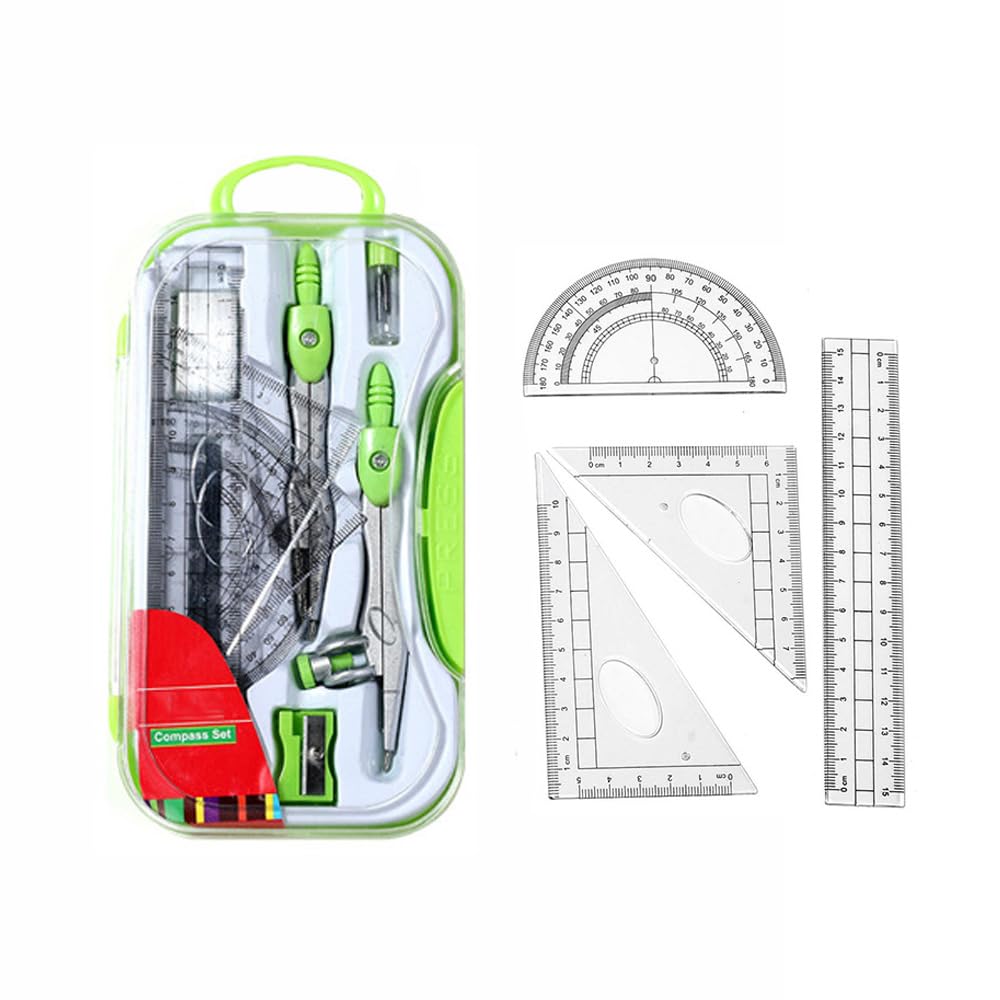 10 Pcs Maths Set, Portable Secondary School Protractor Ruler Set, Drafting Geometry Compass Tools for Students Designers Draftsmen (Green)