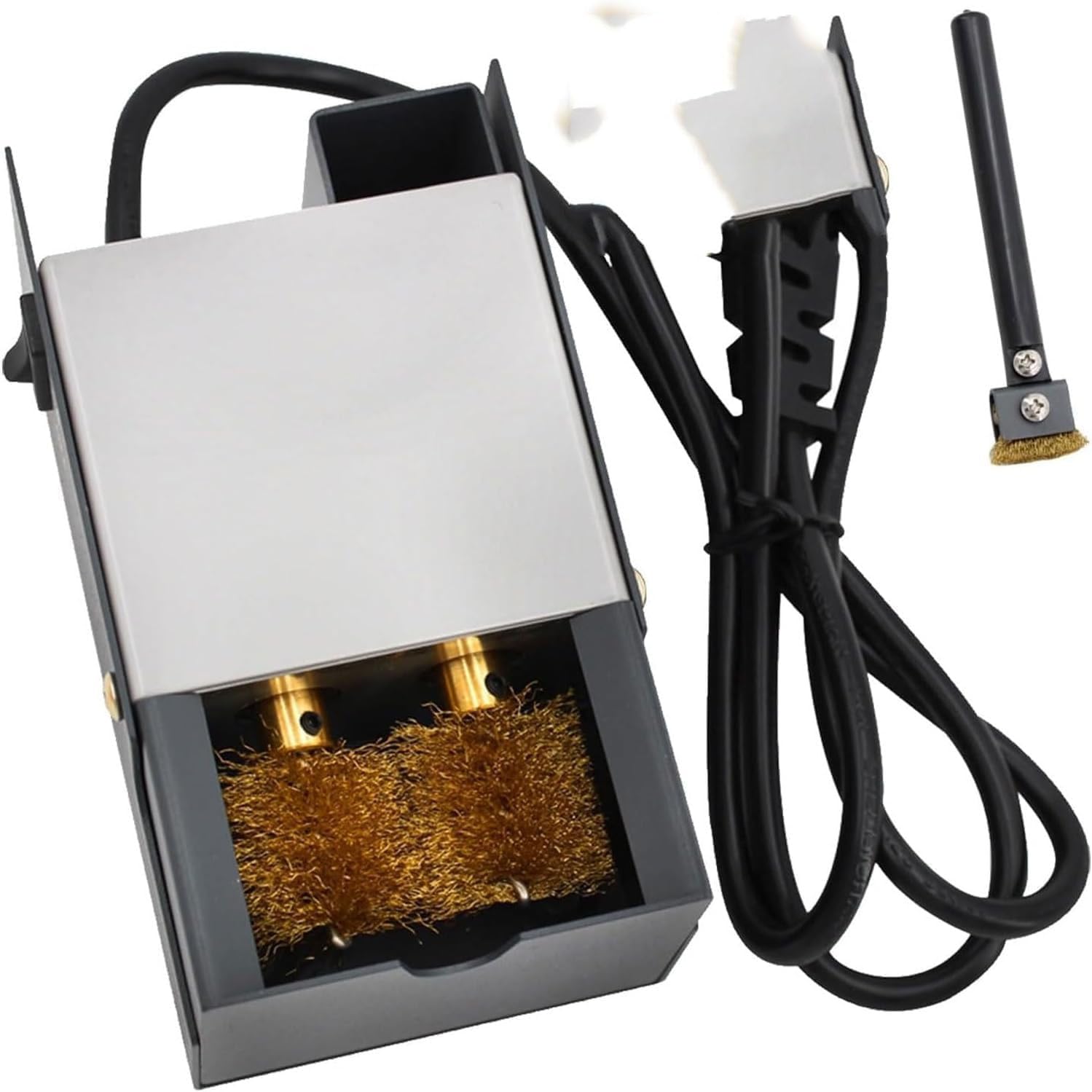 GYKOZY 220v Soldering Iron Cleaner, Motorized with Copper Brush, Detachable Tin Slag Box, Dual Brass Cleaning Brush for Welding and Repair