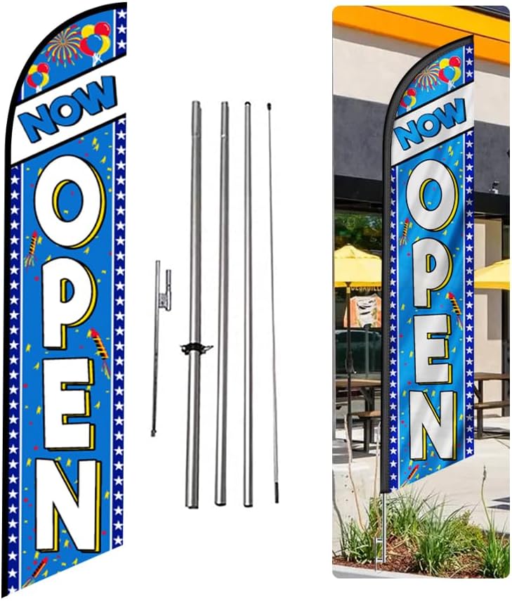 NOW OPEN Advertising Swooper Feather Flag Banner with 15'FT Pole Kit and Ground Stake (Stars & Stripes) - Perfect for Outdoor Banner Signs