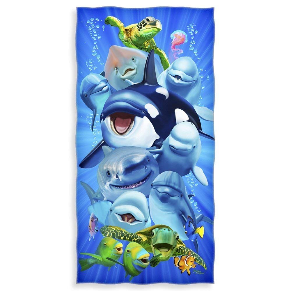 YISUMEI - Shower/Beach Towel - Ocean Animals Dolphin Shark Turtle Whale Selfie - 70 cm x 140 cm