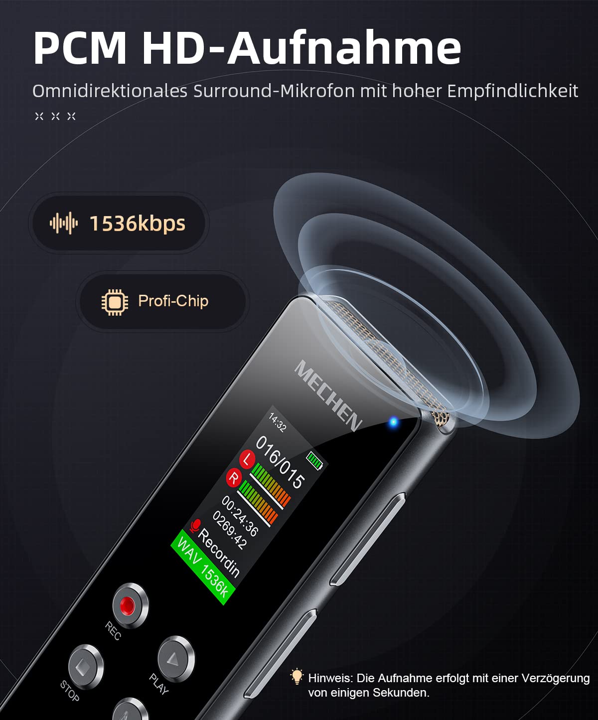 MECHEN 64GB Diktiergerät, EIN-klick HD-Aufnahme (1536kbps), VOR Sprachrekorder, Autom. Rauschunterdr. | MP3-Player | Passwortschutz | 300mAh Akku (64GB)